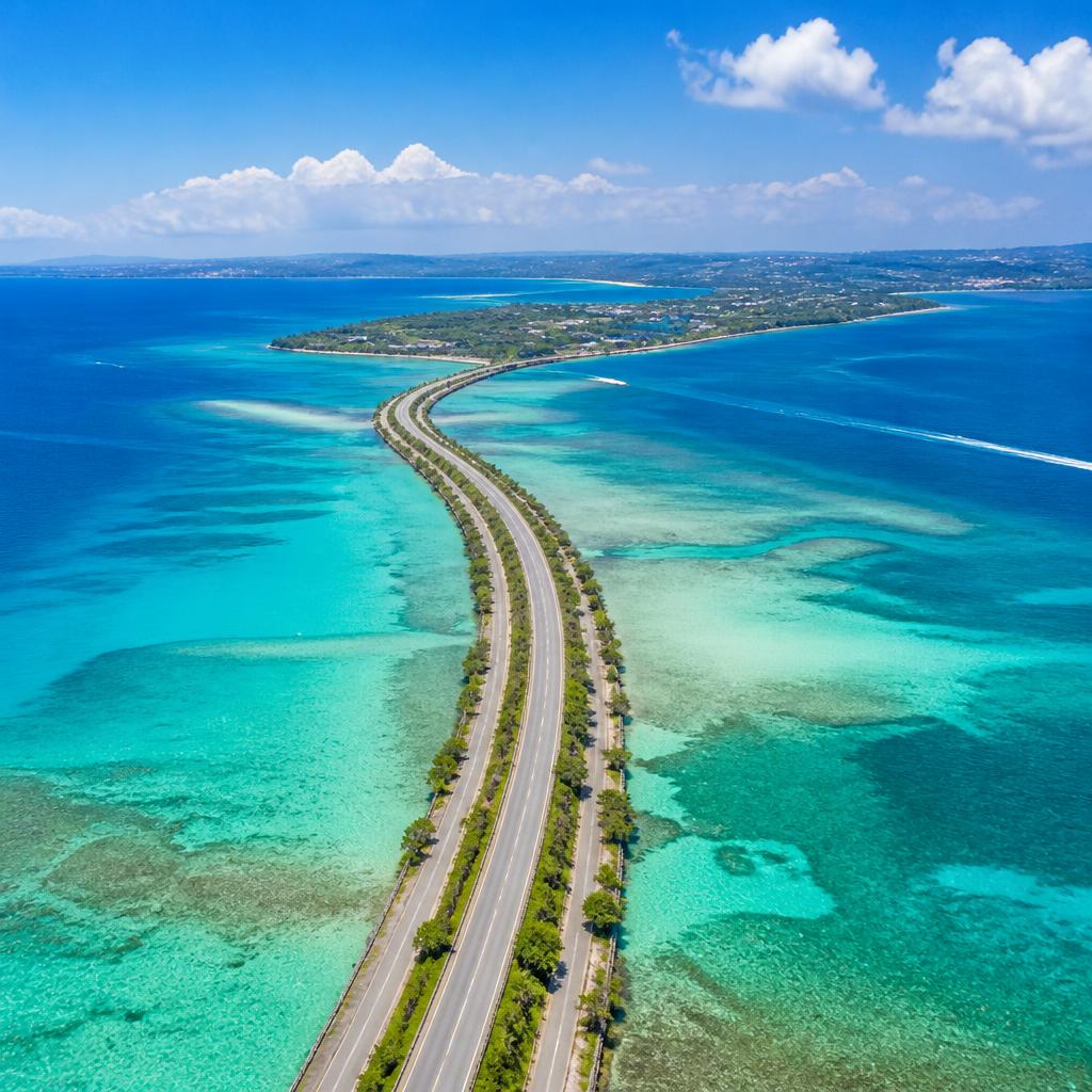 海中道路の絶景を空から見下ろす